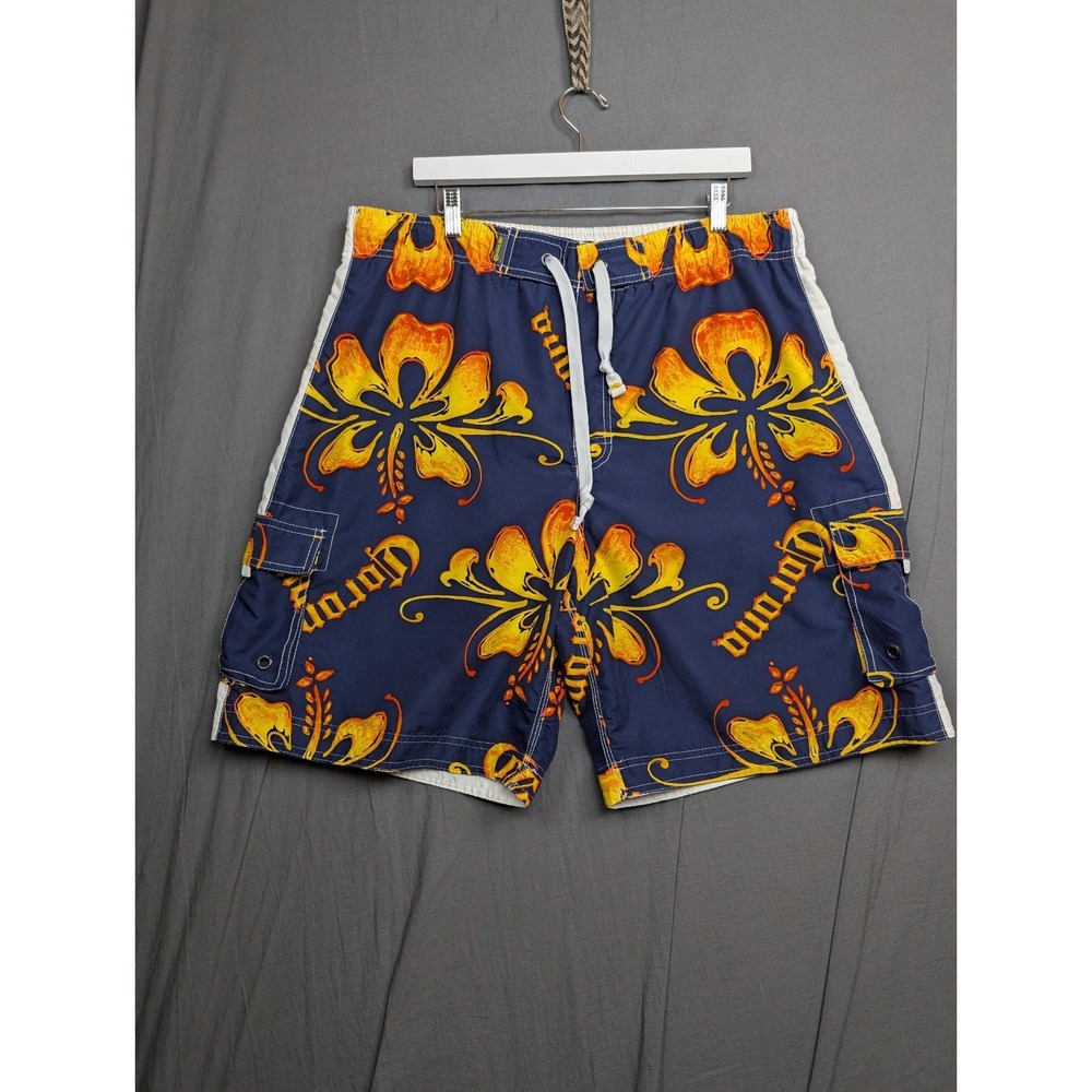 Corona Extra Swim Trunks Mens XLarge Navy Blue Floral Lined Bathing Suit Mens